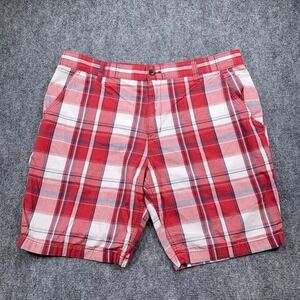 Faded Glory Shorts Mens 40 Red White Plaid Flat Front Pockets 9" Inseam Stretch‎